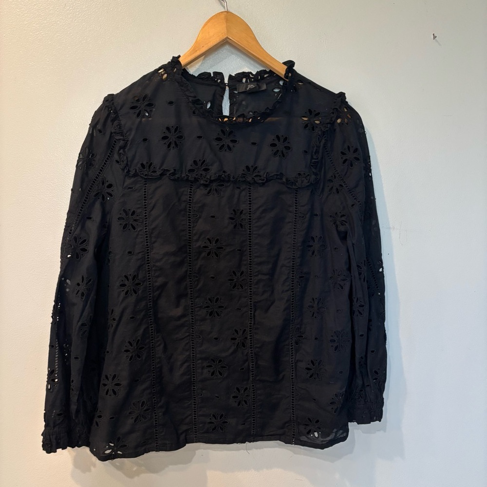 J. Crew Ruffle Neck Eyelet Long Sleeve Lined Cotton Top Women’s Size Medium